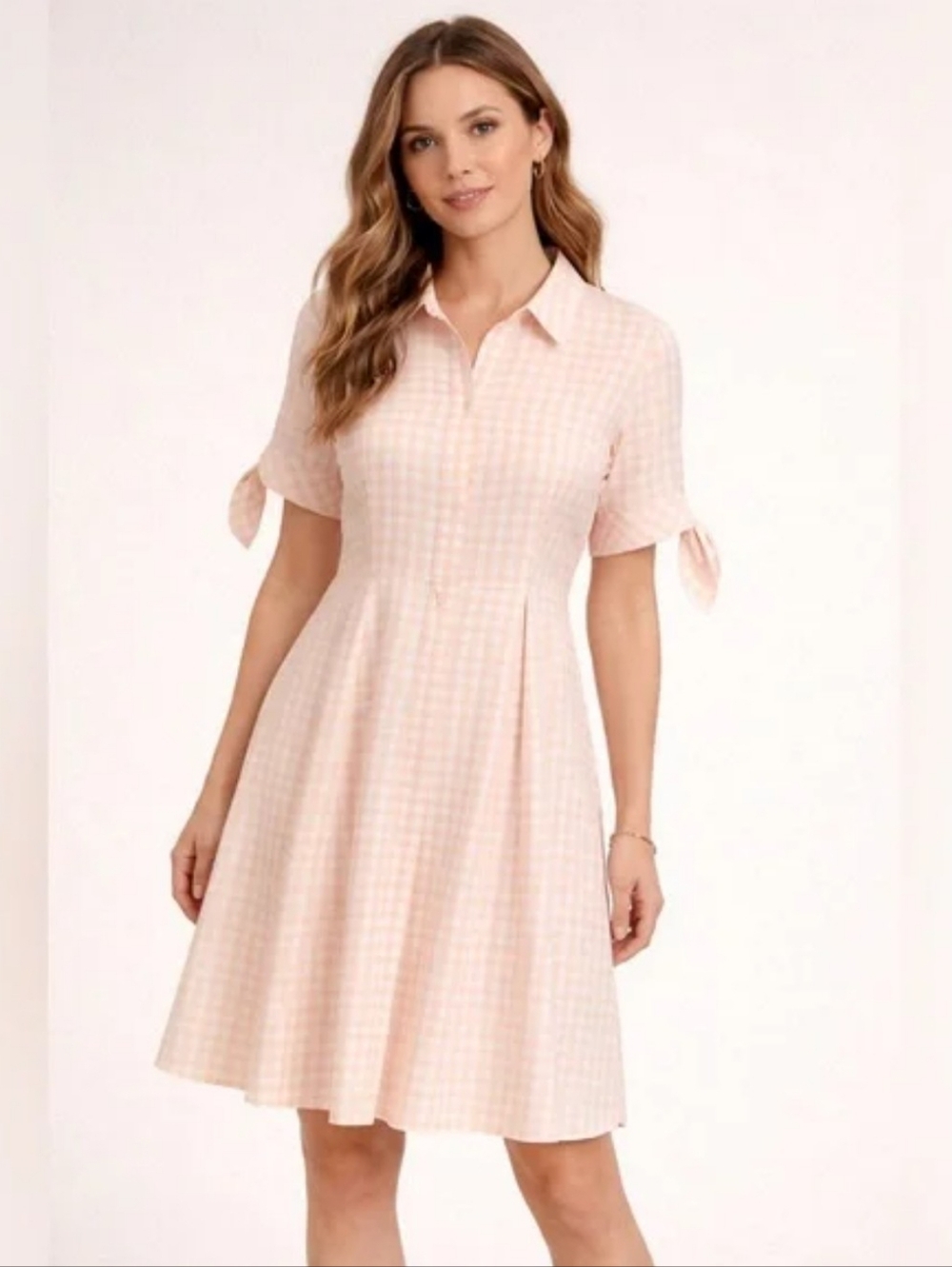 CALVIN KLEIN Light Peachy Gingham Midi Dress